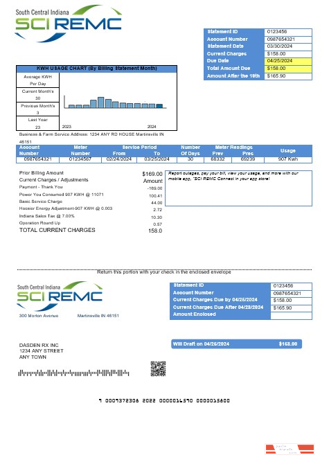 USA Indiana SCI REMC business utility bill template in Word and PDF formats